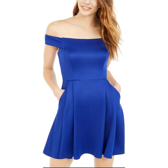 Teeze Me Royal Blue Off The Shoulder Pleated Fit & Flare Dress XS Junior 1 NWT - Picture 1 of 15